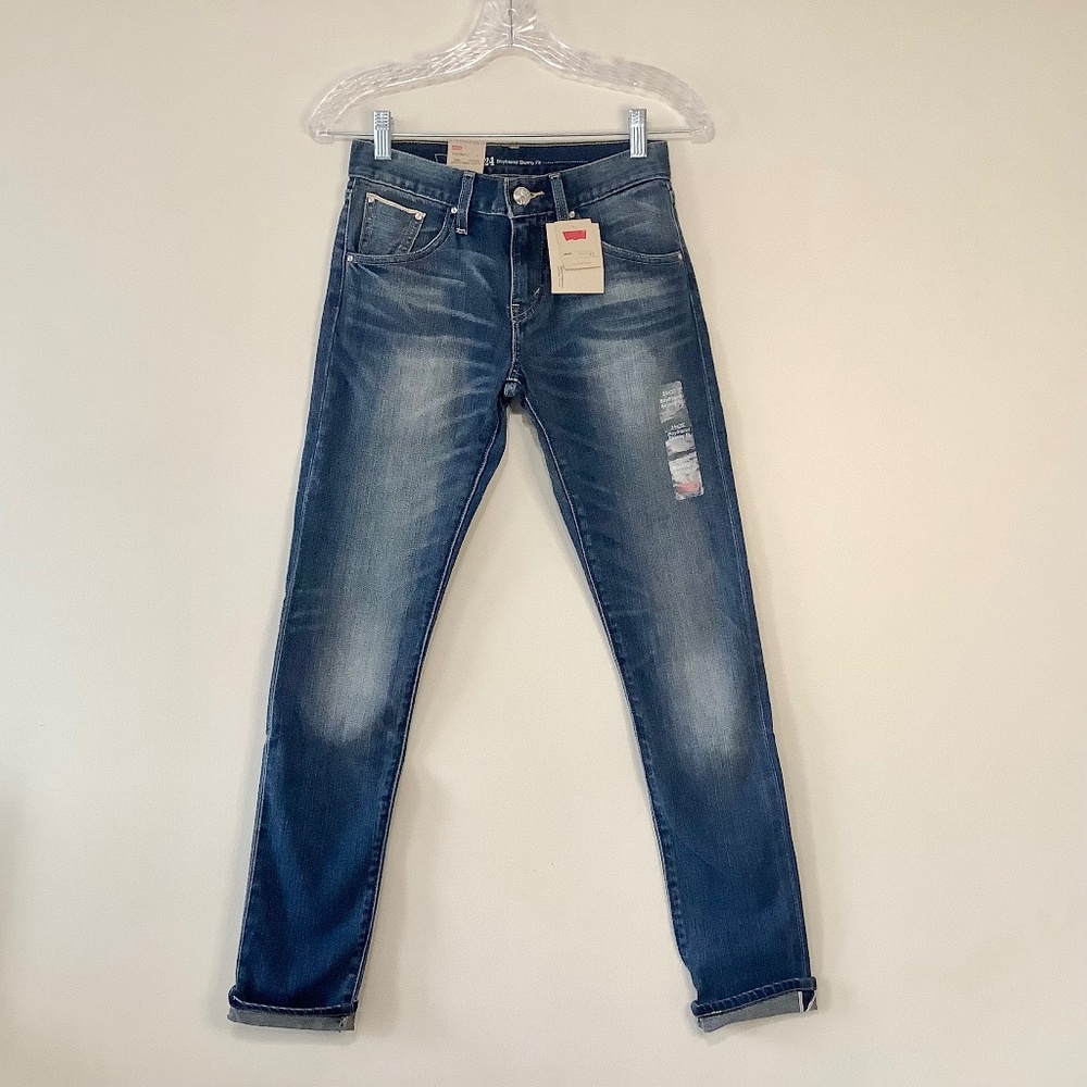 Levi's Women's Boyfriend Jeans - Mid to Dark Blue Wash with Light Whiskering